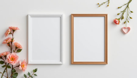 Elegant blank picture frames with floral decorations on white background for creative design, art display, or personalized giftsの素材