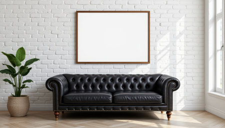 Elegant black leather Chesterfield sofa in modern interior with white brick wall and empty frame for artwork above, creating a stylish and inviting atmosphereの素材