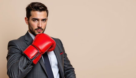 Confident Businessman in Suit Wearing Red Boxing Gloves Ready for Challenge with Focus and Determination Against Beige Backgroundの素材