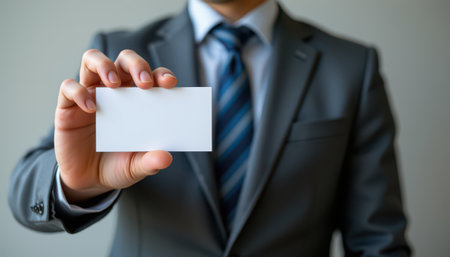Business professional in suit presenting blank business card for networking opportunities, corporate identity, and brand promotion in office environmentの素材