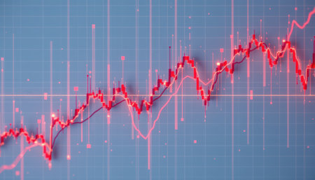 Abstract financial chart showing rising trend with pink and red lines against blue background, representing stock market fluctuations and economic growth.の素材