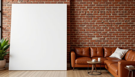 Cozy living room with brick wall, empty canvas, stylish leather couch, modern decor, coffee table, indoor plants and warm inviting atmosphereの素材
