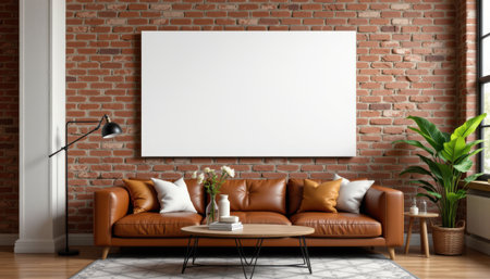 Modern Living Room with Brown Leather Sofa, Table, Floor Lamp, and Empty White Canvas on Rustic Brick Wallの素材