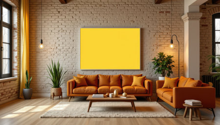 Cozy modern living room interior with yellow wall art, orange sofa, green plants, and stylish decor in bright natural light settingの素材