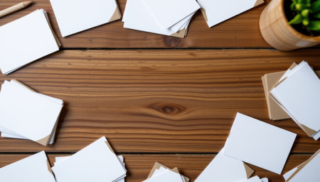 Blank white cards scattered on a wooden table with a green plant in a pot creating a serene and minimalistic workspace atmosphereの素材