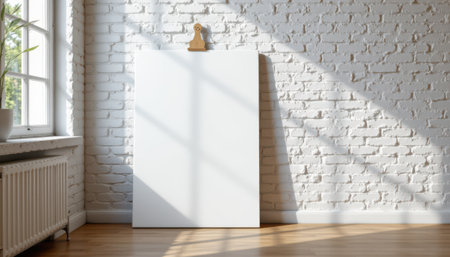 Bright and Minimalist Interior with Empty Canvas and Natural Light in Modern Room with Brick Wall and Wooden Floor for Creative Projectsの素材