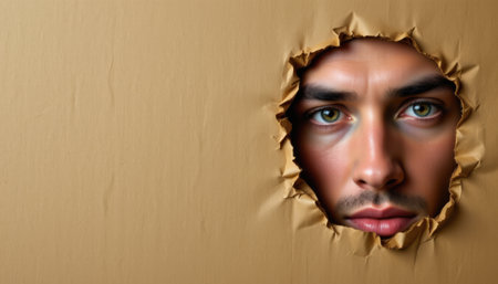Man's Face Peeping Through Torn Cardboard with Intense Expression and Striking Green Eyes Captured in Close-Up Shot for Creative Vision and Conceptsの素材