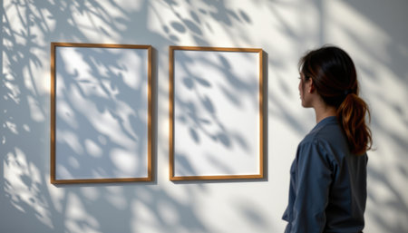 Woman Standing infront of Blank Picture Frames Casting Interesting Shadows on Wall in Minimalist Interior Spaceの素材