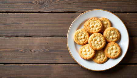 Freshly Baked Cookies on a Plate with Rustic Wooden Background for Culinary and Home Baking Inspirationの素材