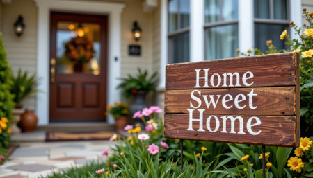 Charming Home Entrance with a Welcome Sign Surrounded by Colorful Flowers in a Beautiful Garden Setting, Inviting Atmosphere for All Visitorsの素材