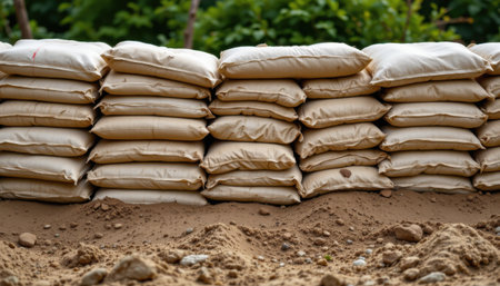 Stacked Sandbags on a Construction Site for Flood Control and Erosion Prevention in a Natural Outdoor Environment Surrounded by Greeneryの素材