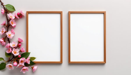 Elegant floral arrangement with blank wooden frames on light background, perfect for displaying art or memories in a stylish interior settingの素材