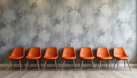 Modern Stylish Empty Space with Seven Orange Chairs Against a Textured Gray Wall with Subtle Patterns and Wooden Flooringの素材