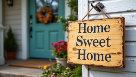 Cozy front porch featuring a welcoming wooden sign that reads 'Home Sweet Home' with vibrant flowers and a charming blue door in the backgroundの素材