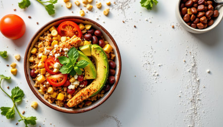 Vibrant Bowl of Quinoa, Black Beans, Avocado, Cherry Tomatoes, and Grilled Chicken Surrounded by Fresh Ingredients on a Light Surfaceの素材