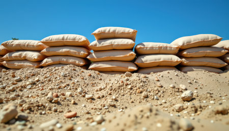 Sandbags Stacked in a Row Against Clear Blue Sky at Construction Site on a Sunny Day with Selective Focus on Natural Elementsの素材