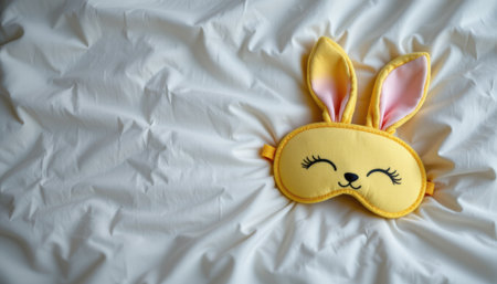 Cute bunny sleep mask on a wrinkled white bed sheet creating a cozy and playful atmosphere in a bedroom setting ideal for relaxation and sleep enhancementの素材
