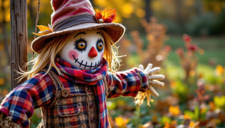 Colorful Scarecrow with Autumn Leaves in a Sunny Garden Landscape, Seasonal Decoration for Fall Celebrations and Harvest Eventsの素材