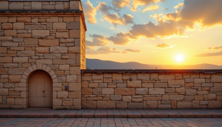 Serene Sunset Over Old Stone Wall with Architectural Features and Golden Sky in Background, Captured in Beautiful Evening Lightの素材