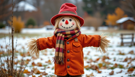 Charming Scarecrow with a Smiling Face and Colorful Outfit Surrounded by Autumn Leaves on a Snow-Covered Ground in a Rural Landscapeの素材