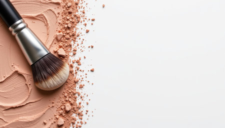Professional makeup brush resting on textured cream and powder foundation on a clean surface for beauty and cosmetics promotion or tutorialsの素材