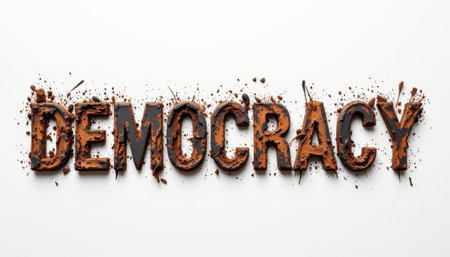 Artistic Representation of the Word Democracy Created with Chocolate and Crushed Nuts on a White Backgroundの素材