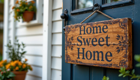 Cozy Home Entrance with Charming Wooden Sign Saying Home Sweet Home Surrounded by Lush Greenery and Vibrant Flowers in a Welcoming Residential Settingの素材