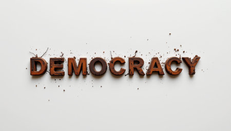 Artistic representation of the word democracy created with wood against a minimalist background evoking themes of governance and civic engagementの素材