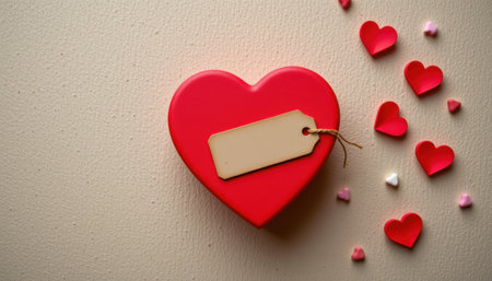 Bright Red Heart-Shaped Box with Blank Tag and Colorful Heart-Shaped Sprinkles, Ideal for Romantic Gifts and Special Occasionsの素材