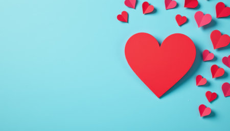 Brightly colored paper hearts scattered on a light blue background with a large red heart as the focal point, perfect for love and romance themesの素材