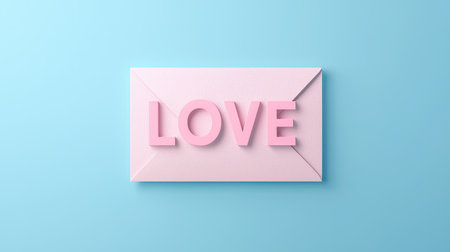 Pink Envelope with Love Word on Blue Background for Romantic Themes, Greetings, and Valentines Day Celebrations in Minimalist Styleの素材