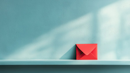 Bright Red Envelope Resting on a Light Blue Table with Soft Shadows and Textured Wall Background Creating a Minimalist Artistic Compositionの素材