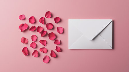 Romantic Composition of Pink Petals Next to an Elegant White Envelope on a Soft Pink Background for Love, Invitation, or Wedding Themesの素材