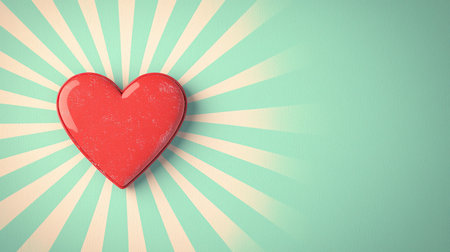 Bright Red Heart on Radiant Background with Sunburst Pattern for Romantic and Loving Themes in Digital and Print Mediaの素材