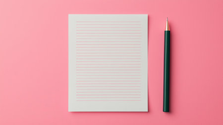 Blank lined paper with light gray background and green pencil on vibrant pink surface, perfect for note taking and creative writing inspirationの素材