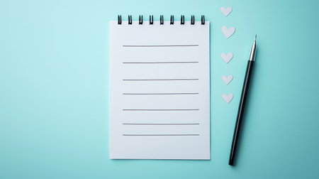 Blank Notepad with Lines and Black Pen on Light Blue Surface Surrounded by Pink Paper Hearts Perfect for Writing Notes or Love Messagesの素材