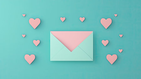 Colorful Envelope Surrounded by Floating Hearts on a Soft Turquoise Background for Romantic and Love-Themed Designs and Messagesの素材