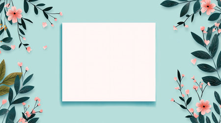 Elegant Floral Frame with Pastel Blue Background Featuring Delicate Leaves and Pink Flowers Ideal for Invitations or Creative Projectsの素材