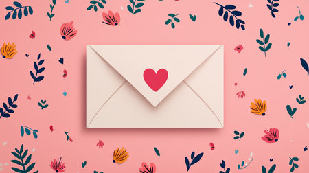 Romantic envelope with heart on pink background surrounded by colorful flowers and leaves, perfect for Valentine's Day or love-themed designsの素材