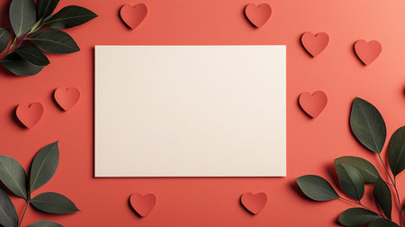 Romantic flat lay composition featuring a blank canvas surrounded by paper hearts and green leaves on a vibrant coral background for creative projectsの素材