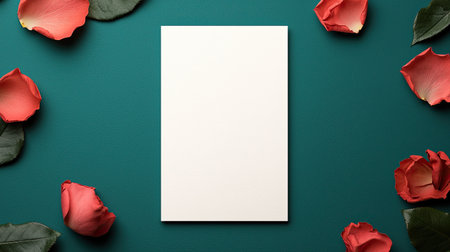 Blank white paper with red rose petals around it on a teal surface for creative design, invitations, or romantic messagesの素材