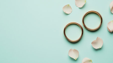 Elegant wedding rings on a soft mint background with rose petals accentuating a romantic atmosphere ideal for love, relationships, and commitment themesの素材