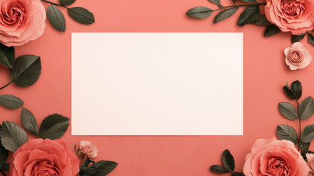 Blank Card Surrounded by Pink and Coral Roses and Green Leaves on a Soft Coral Background for Creative Design and Personalization Projectsの素材