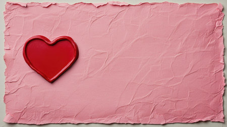 Red heart shape on textured pink paper background, ideal for love themes, romantic events, or artistic representations of affection and connectionの素材