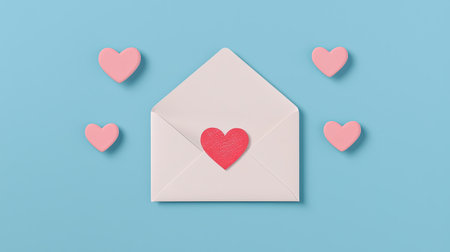 Cute envelope with a red heart on a blue background surrounded by pink heart shapes, perfect for love letters and romantic occasionsの素材