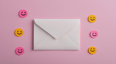 White envelope on pink background surrounded by smiley face stickers representing communication, positivity, and friendship in a vibrant, cheerful settingの素材