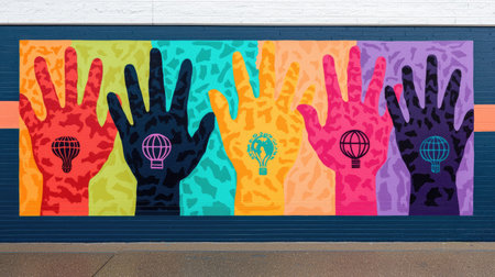 Colorful Mural Featuring Stylized Hands Representing Global Themes of Nature, Environment, and Unity on Vibrant Backgroundの素材