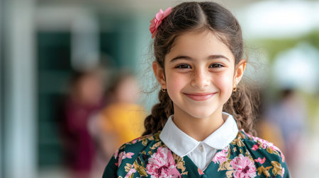 Cheerful young girl with curly hair and flower accessory smiling warmly, wearing a floral dress in a vibrant outdoor setting with blurred backgroundの素材