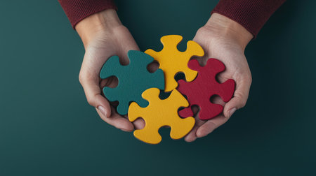 Hands Holding Four Colorful Puzzle Pieces in a Creative Display Representing Collaboration, Problem Solving, and Teamwork on a Dark Green Backgroundの素材