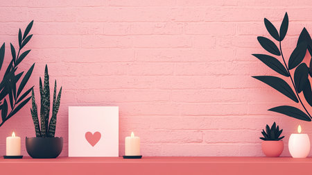 Charming and Minimalistic Home Decor Setup Featuring Succulent Plants, Pink Wall, Candles, and Love Themed Elements for Modern Interiorsの素材